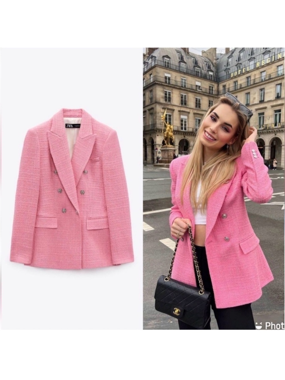 ZARA Pink Double-Breasted Tweed Blazer Jacket